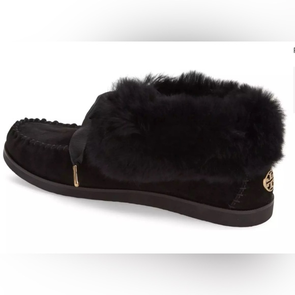 NEW Tory Burch Aberdeen Black Shearling Suede Bow Tie Slip On Slippers size 6 - Picture 1 of 13